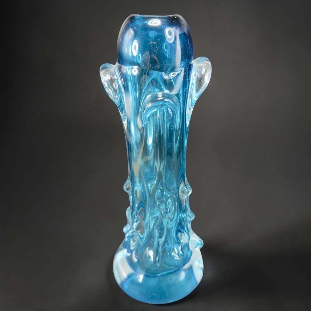 Vintage Jan Beranek Skrdlovice Glassworks Czech Blown Blue Glass Vase Textured